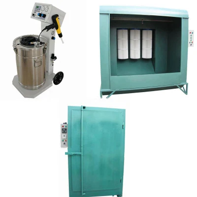 Pacote de sistema de máquina de revestimento em pó de metal com pistola de revestimento em pó eletrostático + cabine de pulverização + forno de secagem de cura